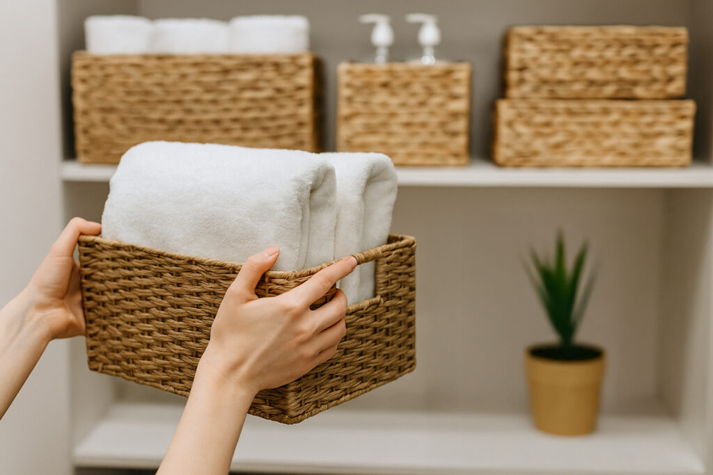Organizacja domu z ADHD - koszyk z ręcznikami na półce