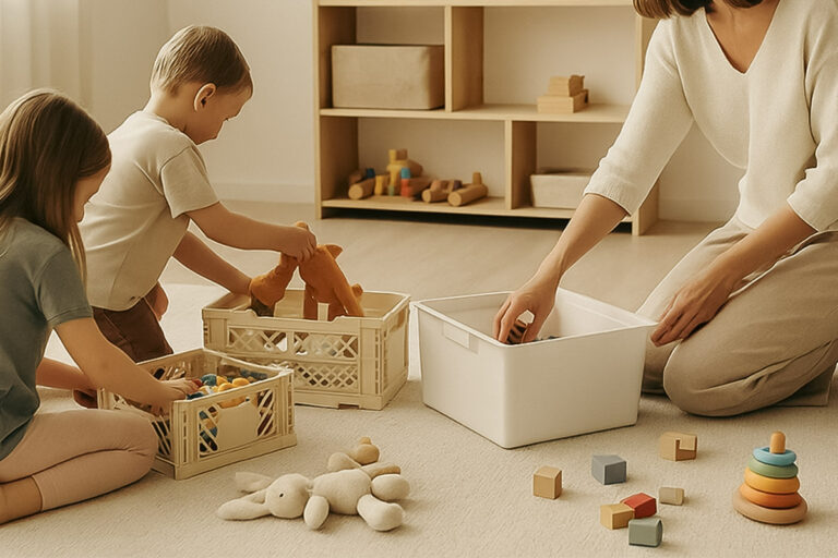 Minimalistyczne wnętrze z mamą i dziećmi porządkującymi zabawki – przykład domowego minimalizmu przy ADHD