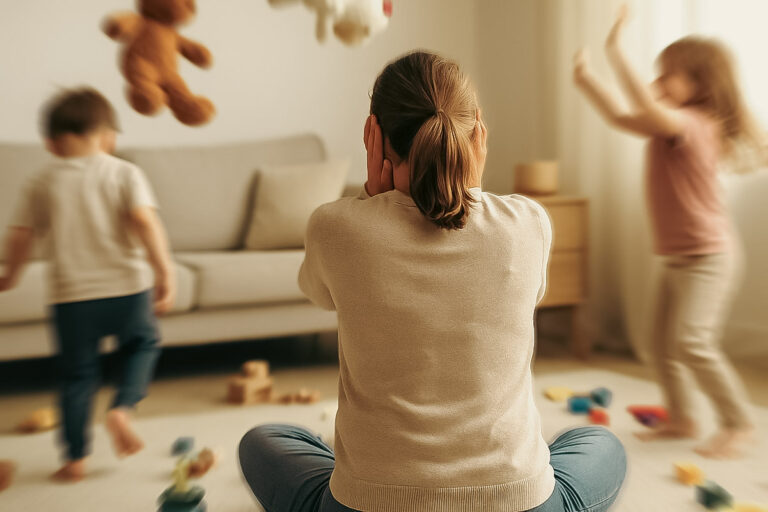 Mama siedzi z zatkanymi uszami, dzieci biegają dookoła