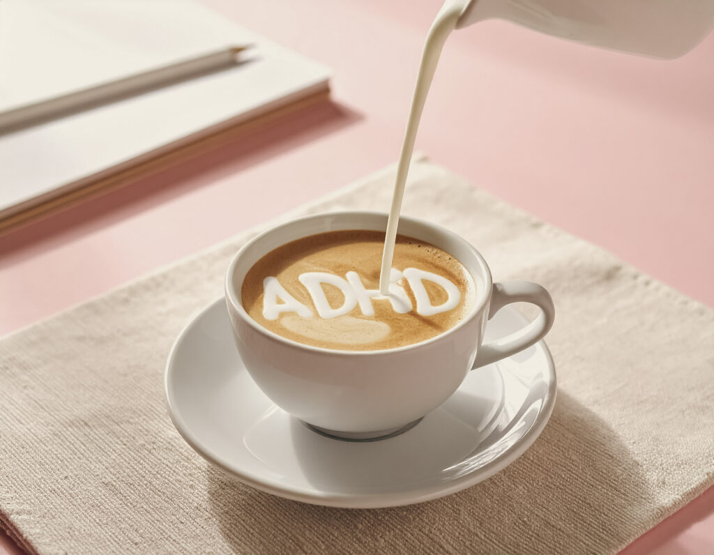 Mama z ADHD przygotowuje kawe z napisem ADHD