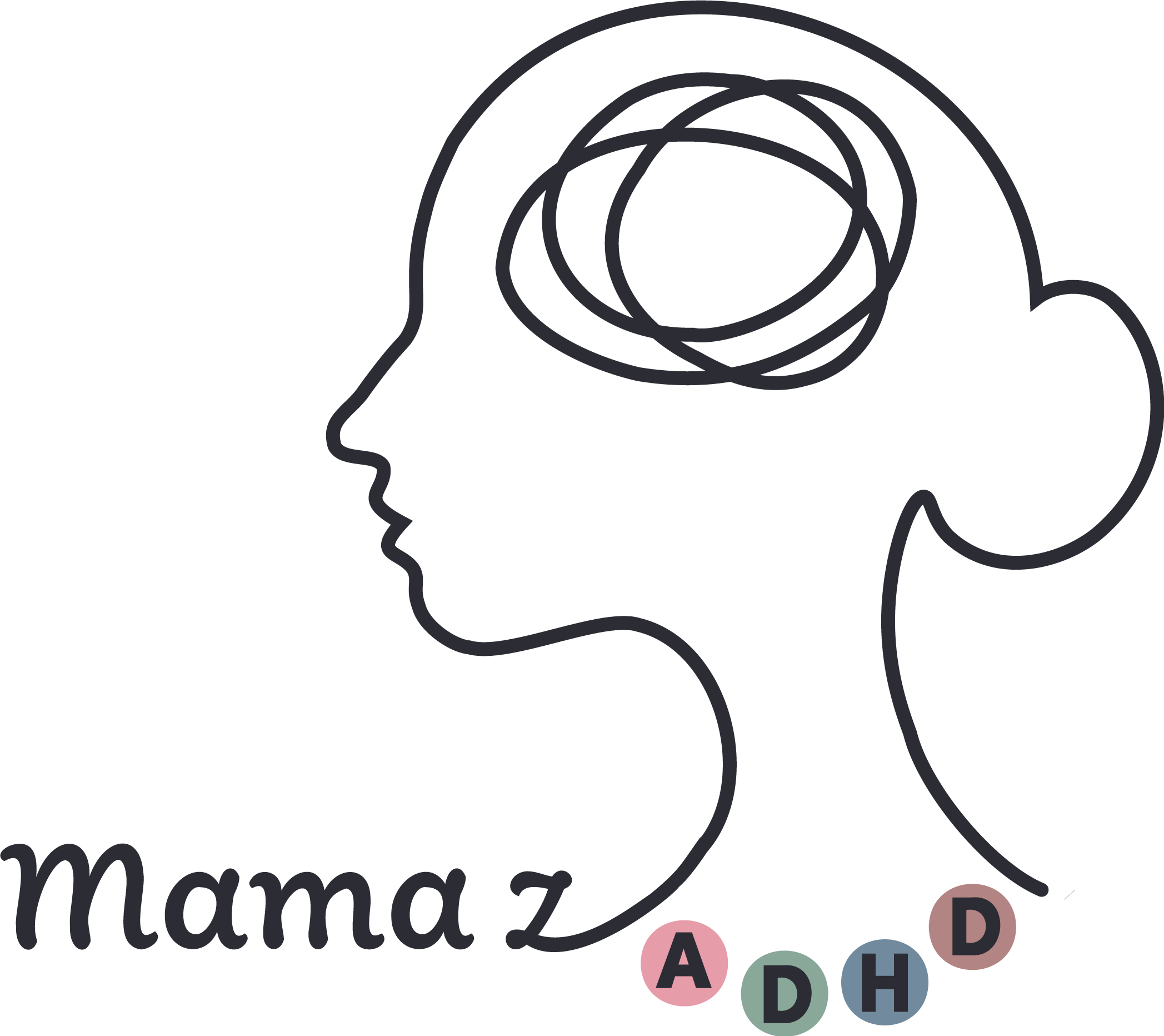 Logo Mama z Adhd przestawiające lineart profil kobiety z klebiacymi sie myslami